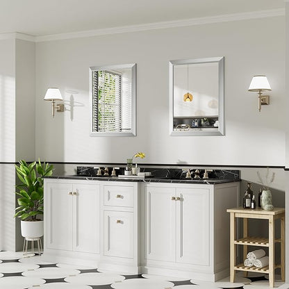 24x30 Inch Brushed Silver Bathroom Mirror for Wall, Thick Metal Framed Rectangle Mirrors for Over Sink, Bedroom, Living Room, Entryway, Anti-Rust, HD Tempered Glass