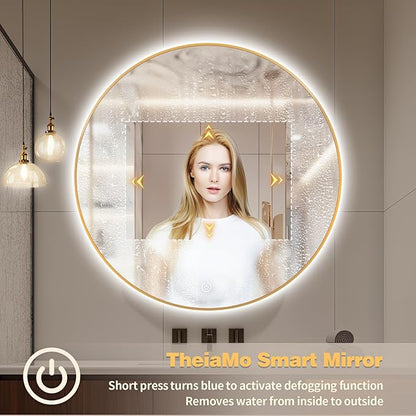 28" Round LED Bathroom Mirror, Wall Mounted Round Backlit Mirror LED Bathroom Vanity Mirror with Lights Fog Free Circle Lighted Mirror with Gold Frame
