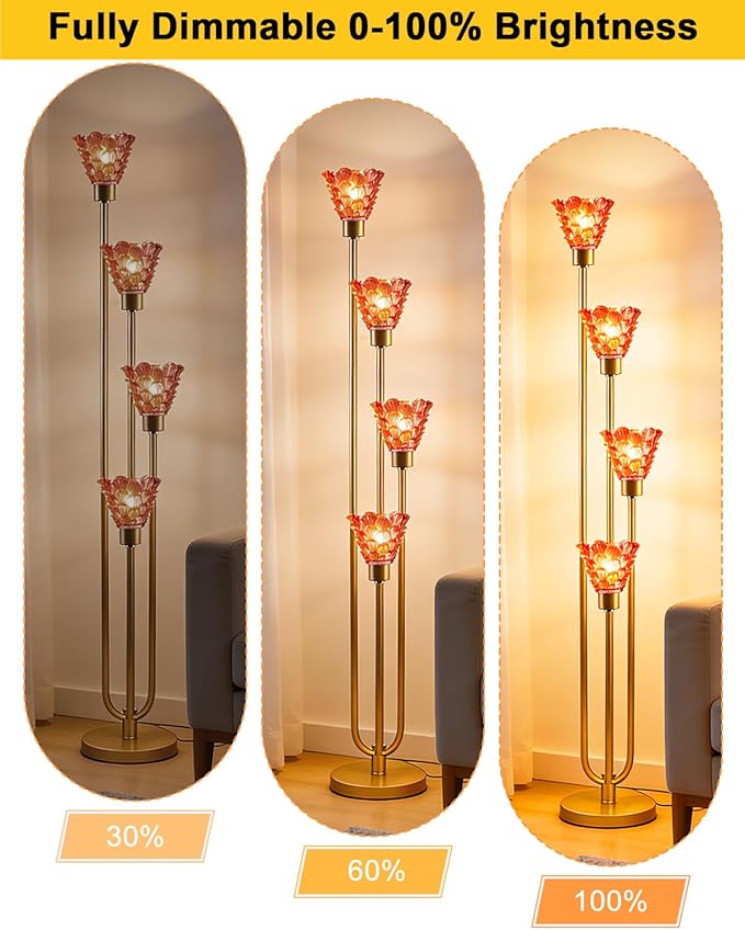 4-Light Modern Glass Floor Lamp, Gold Tall Standing Lamp with Deep Red Flower Glass Shade, Dimmable LED Floor Lamp with Line Control &5Lbs Heavy Base for Living Room Bedroom, Bulb Included