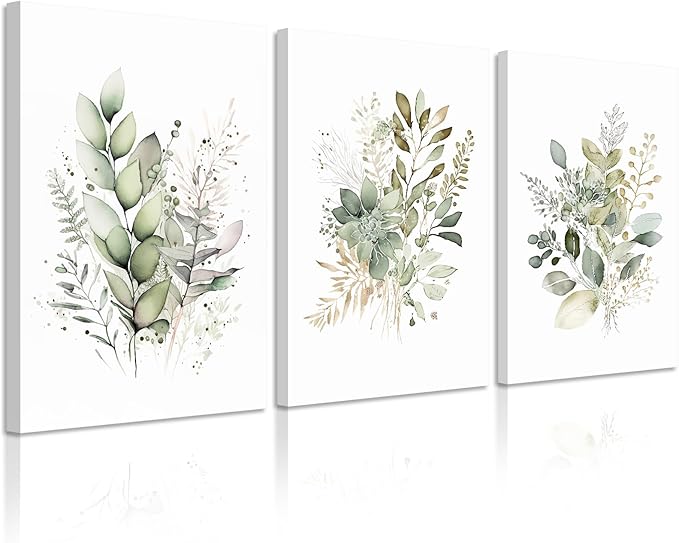 Watercolor Botanical Wall Art Set of 3 Boho Floral Canvas Wall Decor Prints Sage Green Wildflower Wall Art Modern Flower Pictures Botanical Painting for Bedroom Bathroom 16x24 Inch Wrapped Canvas