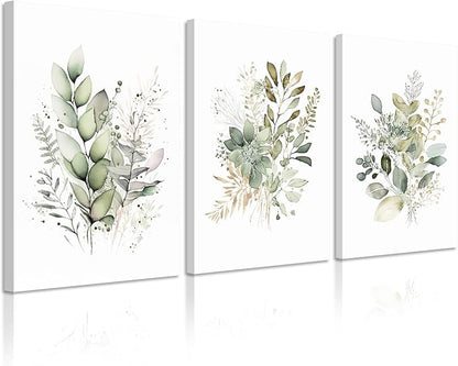 Watercolor Botanical Wall Art Set of 3 Boho Floral Canvas Wall Decor Prints Sage Green Wildflower Wall Art Modern Flower Pictures Botanical Painting for Bedroom Bathroom 24x36 Inch Wrapped Canvas