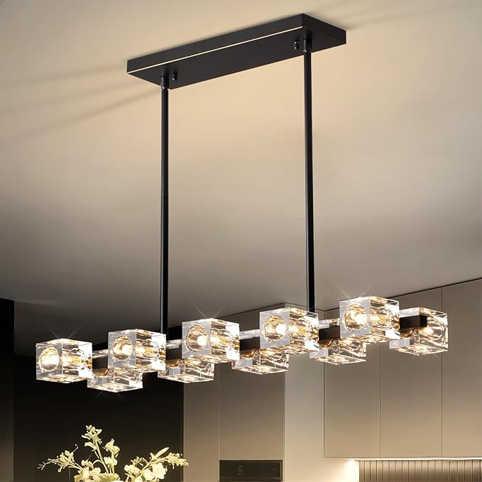 Modern Crystal Chandeliers for Dining Room,Black and Gold Pendant Lights Fixture with 10-Lights,Adjustable Height Hanging Ceiling Light for Kitchen Island,Bedroom,Over Table,Living Room
