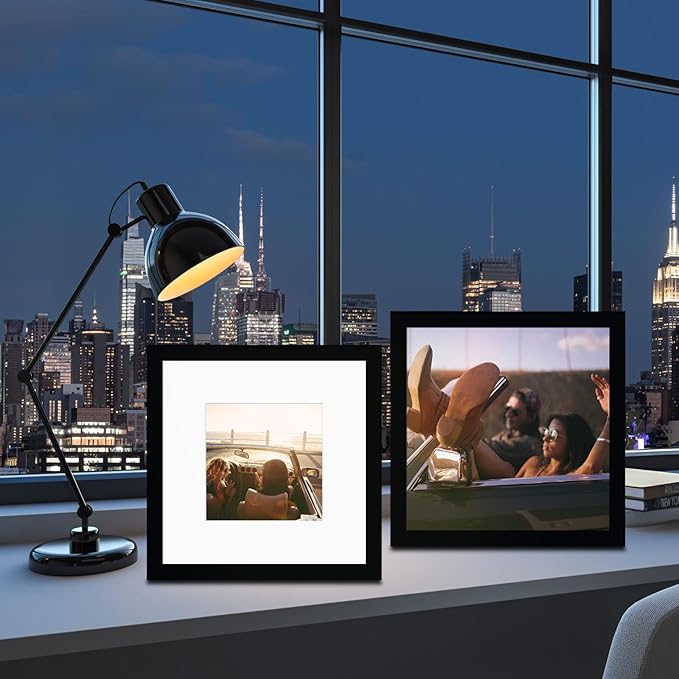 10x10 Picture Frame Set of 9, Display Pictures 8x8 with Mat or 10x10 without Mat, Multi Collage Gallery Square Photo Frames for Wall or Tabletop,Black