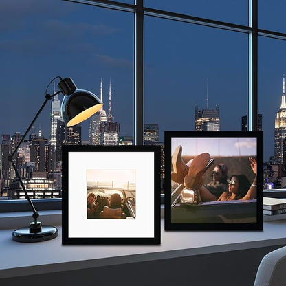 8x8 Picture Frame Set of 9, Display Pictures 4x4 with Mat or 8x8 without Mat, Multi Collage Gallery Square Photo Frames for Wall or Tabletop, Black