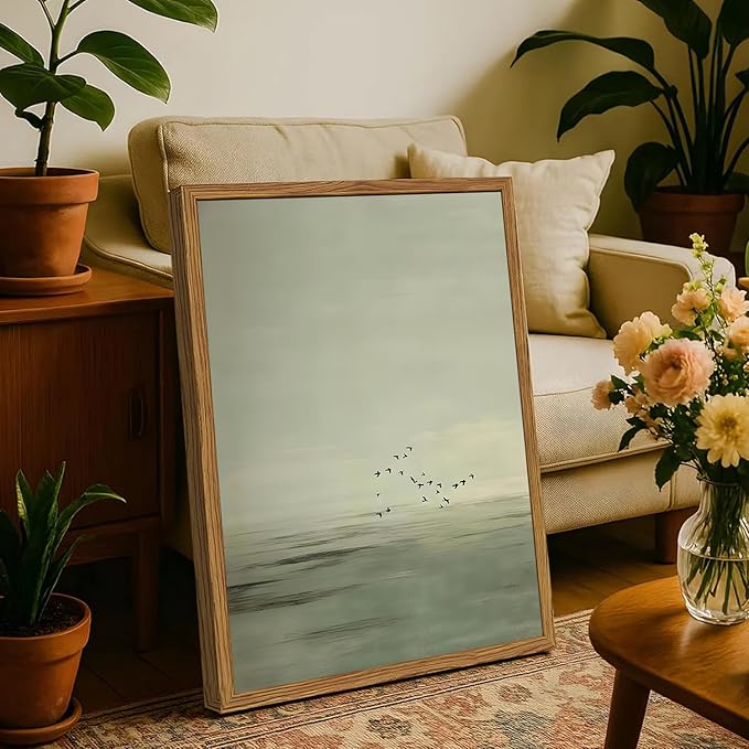 Framed Sage Green Japanese Canvas Wall Art Set of 2, Minimalist Moon and Birds Pictures Wall Decor, Neutral Landscape Artwork Paintings Prints Zen Home Decor for Living Room Bedroom Office 16x24 Inch