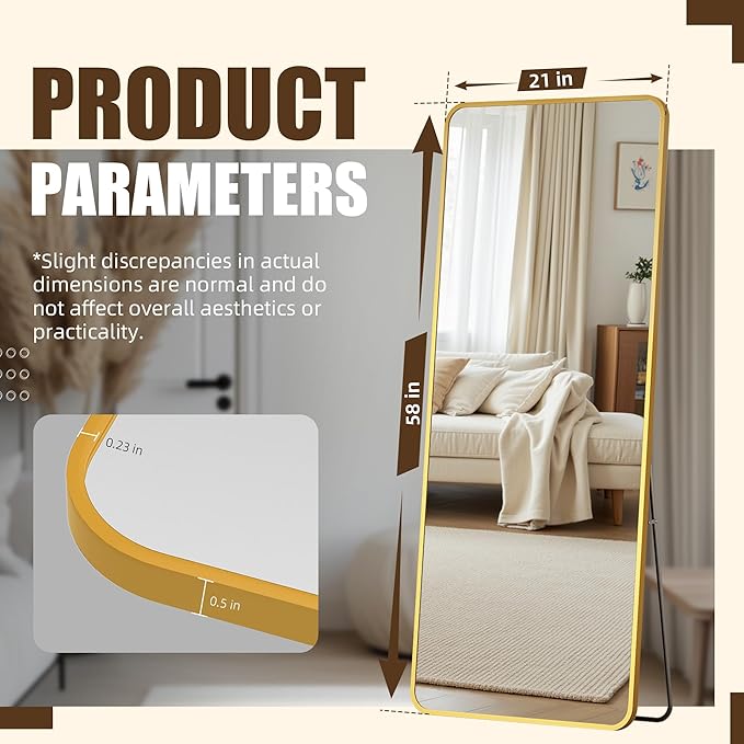 Antok Over The Door Mirror Full Length, 58'' x 21''Wall Mounted Hanging Mirror, Aluminum Alloy Frame, Shatterproof Glass, No Drill Installation for Bedroom, Closet, Bathroom, Dorm, Round Corner,Gold