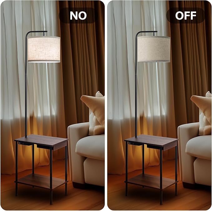 EOEYYOYB Floor Lamp with Table & Drawers, End Table Lamp with USB Charging Portt Power Outlet and Shelves, Side Table Reading Light with 3 Color Temperature Led Bulb Included for Living Room, Walnut