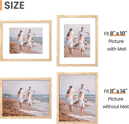 upsimples 11x14 Picture Frame Set of 3, Made of High Definition Glass for 8x10 with Mat or 11x14 Without Mat, Wall and Tabletop Display Photo Frames, Natural