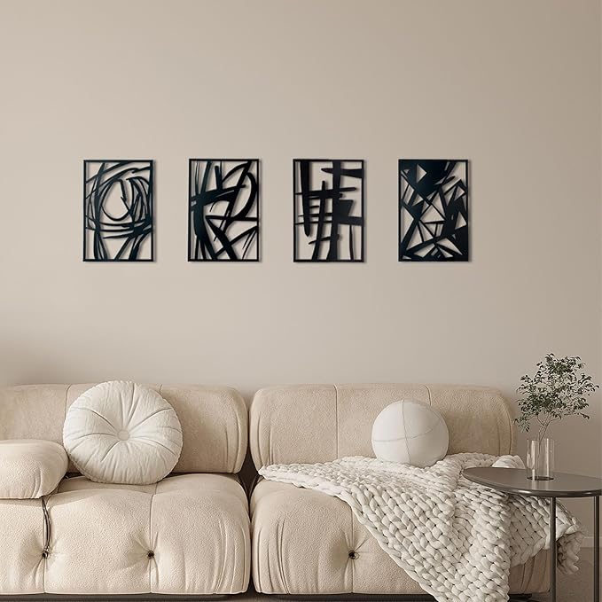 OYEFLY 4 Pack Abstract Metal Wall Art,Minimalist Art Decoration for Living Room Bedroom Bathroom Study (Black, 9.4 x 6.5inch)