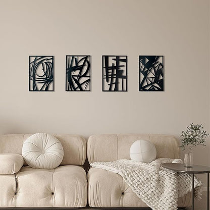 OYEFLY 4 Pack Abstract Metal Wall Art,Minimalist Art Decoration for Living Room Bedroom Bathroom Study (Black, 9.4 x 6.5inch)