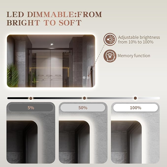 EOGOW Backlit Mirror for Bathroom,60"x36" Backlit LED Bathroom Mirror Wall Mounted with Anti-Fog,Stepless Dimmable,3 Color Lights,High Lumen, UL Listed,Tempered Glass