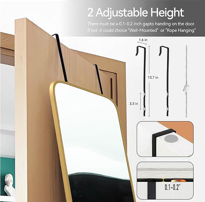 SCWF-GZ 57x20 Door Hanging Full Length Mirror, Floor (Height 5.7ft just Body in 1.3ft) or Wall Mounted Metal Frame Rectangle Dressing Mirrors for Bedroom Bathroom Living Room 57 inch Gold