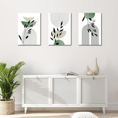 WENGTIAO 3Pcs Boho Sage Green Canvas Wall Art MInimalist Geometric Line Leaf Pictures Prints Paintings Abstract Mid Century Botanical Green Plant Artwork for Living Room Bedroom Bathroom 16x24x3