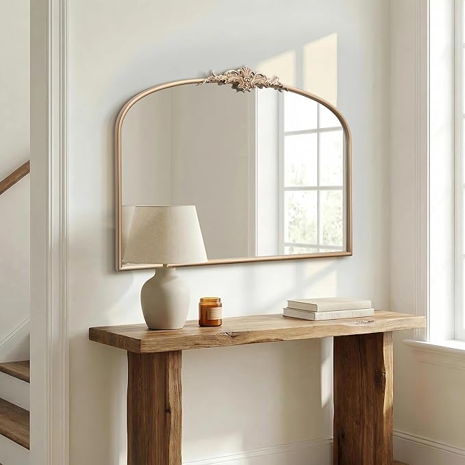 Besdomus Arched Vintage Gold Mirror: 40"x29" French Large Champagne Gold Antique Wall Vanity Mirror - Baroque Traditional Ornate for Fireplace/Bathroom/Living Room - Home Decor for Fashion-Conscious