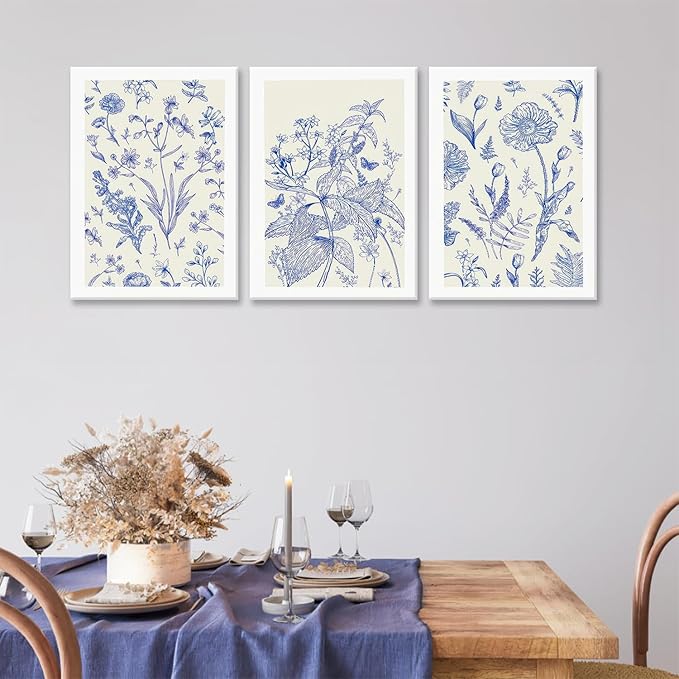 LYPHNX Framed Blue White Chinoiserie Floral Canvas Wall Art Navy Watercolor Flower Painting Posters Set of 3 Minimalist Botanical Wildflower Prints Picture Home Decor for Bedroom Living room 16"x24"