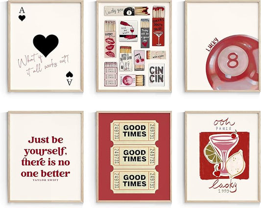 Habseligkeit Cute Wall Art Prints, Retro Wall Decors for Room Aesthtic, Posters for Girls Bedroom Decor Aesthetic Unframed, 8X10in, Set of 6