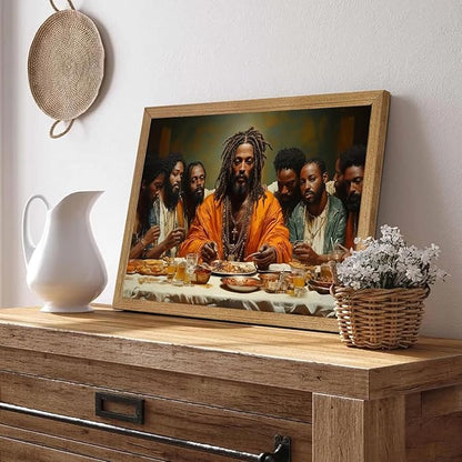 Framed Modern Black Jesus Canvas Wall Art African American The Last Supper Painting Picture Wall Decor Black Man Christian Poster Print Artwork for Kitchen Dining Living Room Bedroom Home Decor8x10in