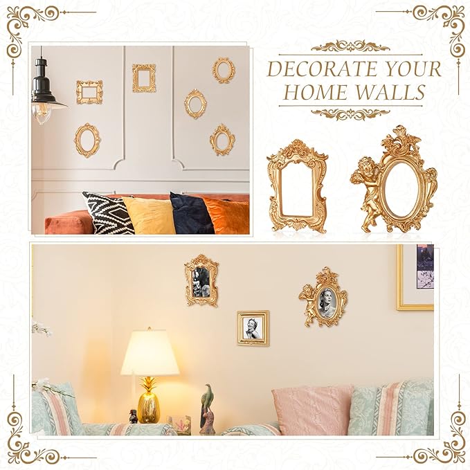 Yulejo 10 Pcs Vintage Gold Mini Frames Set, Baroque Victorian Ornate Decorative Frames for Gallery Wall Decor, DIY Jewelry Display, Antique Frame for Home, Wedding, Room, No Glass or Backing (Gold)