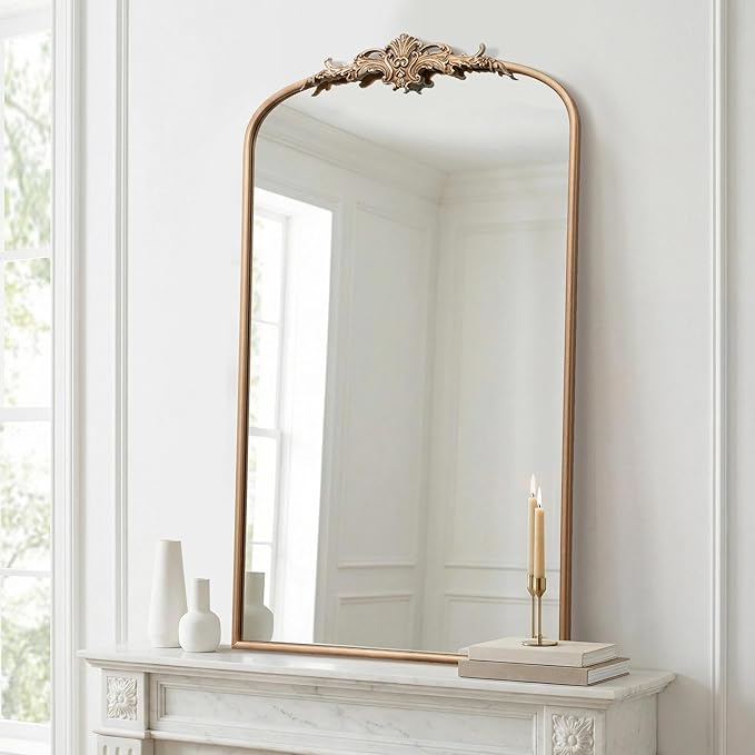 Besdomus Vintage Gold Wall Mirror: 24"x42" French Large Arch Champagne Gold Antique Wall Mounted Mirror - Traditional Ornate Home Decor for Entryway/Fireplace/Bathroom - Baroque Idea for Housewife