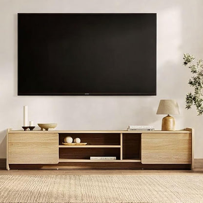 LuxenHome 69'' Oak TV Stand for Living Room for TVs up to 75'' TVs, Mid Century Modern TV Console Cabinet with Rounded Corners, Wood Low Media Console Entertainment Center with Storage