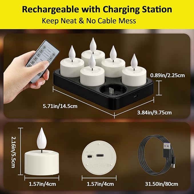 Yme Rechargeable Tea Lights with Remote Timer and Charging Base, 6 Pack LED Battery Operated Flickering Flameless Candles, Electric Tea Lights Votive Candles for Home Wedding Party Holiday Decor
