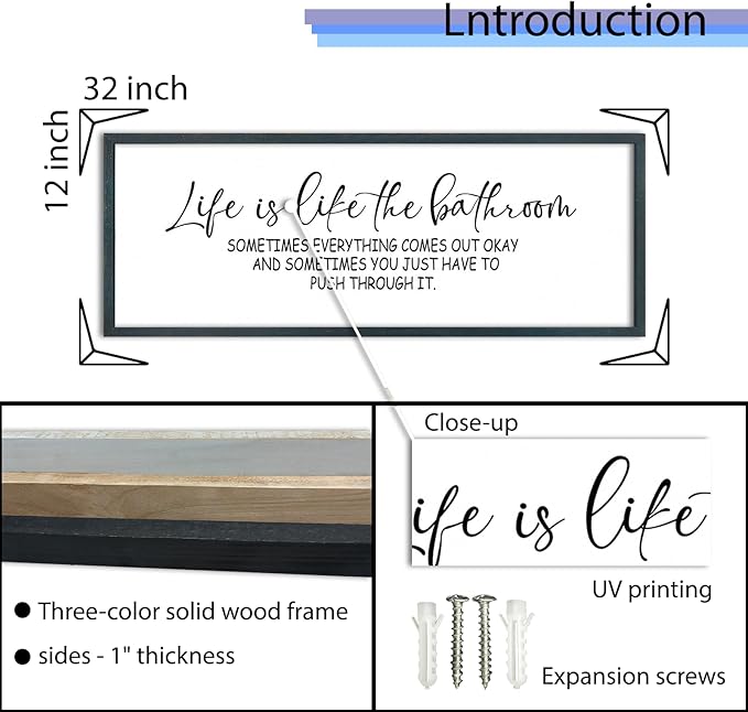 FZMHASLWW Funny Bathroom Wall Decor 32"x12" Life Is Like The Bathroom Sign Humor Quote Motivational Push Through It for Toilet Restroom Hanging Art (Black)
