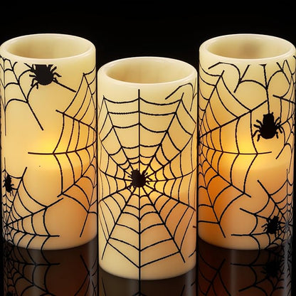 Flameless Candles Battery Operated with Timer, Set of 3 Spider Cobweb Decals Yellow Light Real Wax LED Flickering Pillar Candles Dinner Tabletop Halloween Home Decoration (3" x 6")