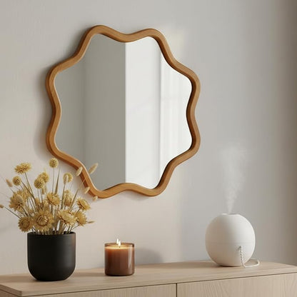 ZIYOO Star Shaped Wall Mirror, Natural Wood Grain Scalloped Edge Decorative Mirror, Boho Accent Mirror for Entryway Bathroom Living Room Bedroom (Wood,28")