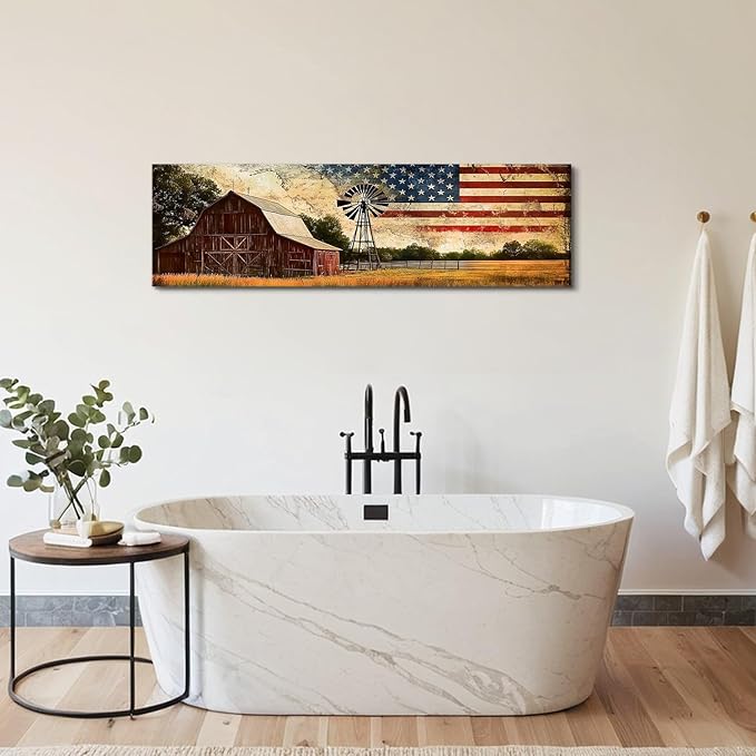 Farmhouse Barn Wall Art Vintage Western Wall Decor Country Windmill Pictures for Kitchen Living Room, Old Barn Landscape Canvas Painting America Flag Poster Prints Artwork Cabin Decoration 14x48”