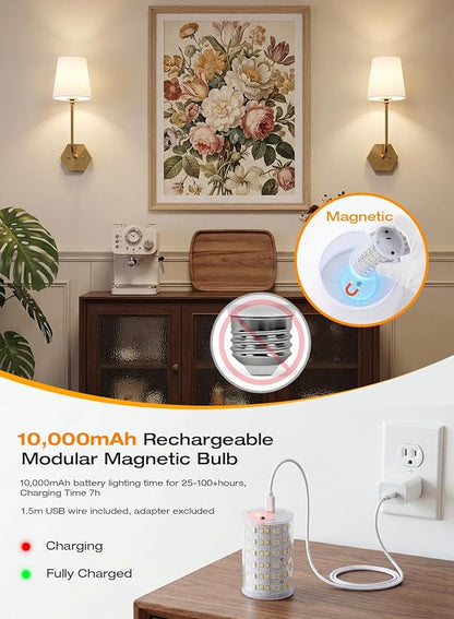 CLOUDY BAY 10000mAh Battery Operated Wall Sconces,Up to 100 Hours with Rechargeable RGB Dimmable Magnetic Bulb,Cordless Wall Lighting Fixtures with Remote for Bedroom,Soft Gold,2 Pack-17.9inch