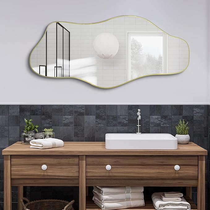 Irregular Wall Mirror, 51.1"x23.6" Asymmetrical Frameless Mirrors, Large Modern Organic Shaped Mirror for Living Room Bedroom Hallway Entryway, Horizontal or Vertical Hanging