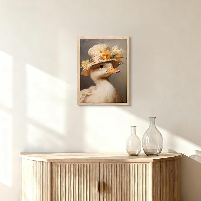 Vintage Duck Canvas Wall Art, Cute Duck Pictures Wall Decor, Cottagecore Duck Painting with Straw Hat, Farmhouse Animal Artwork for Bathroom Kitchen Bedroom Nursery 12x16 Inch Framed