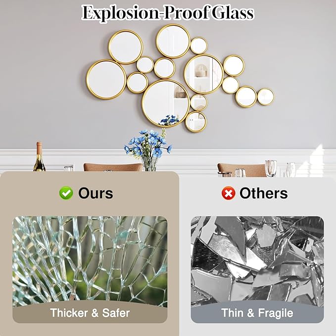 PERHOM Multiple Circles Wall Decor Mirror - 47"x24" Large Gold Wall Art Mirror,Thick Metal Framed Wall Sculptures Mirrors for Living Room, Entryway, Bedroom, Dining Room, Fireplace