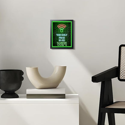 Framed Gamer Wall Art, Boys Game Room Wall Decor Painting, The Only Fear Is No WiFi Neon Canvas Print Picture, Green LED Style Gaming Room Decor Oil Painting for Kids Teens Bedroom 8x10 Inch