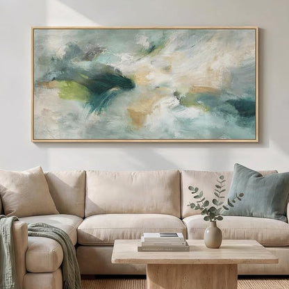 Extra Large Framed Sage Green Abstract Wall Art for Living Room, Modern Teal Horizontal Canvas Prints Paintings Artwork for Walls, Oversized Pictures Wall Decor for Bedroom Dining Room Office 36x72 In