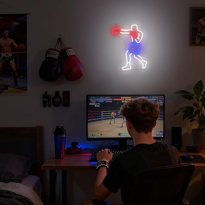 OkiyiD Boxing Neon Sign for Men Gifts, Boxing Gym Decor Wall Art Fighting Combat Sports Theme Room Decor, Ideal for Boxeo Fans Man Cave and Club Lighting Atmosphere,USB-Powered Light with Hanging Kit