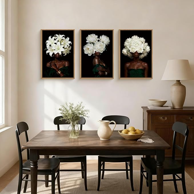 HPINUB Black Woman Framed Canvas Prints Wall Art Set, Abstract White Hydrangea Wall Decor, Vintage African American Girl Art Photos for Living Room, Bedroom, Dining Room, Office, Bathroom - 16"x24"x3