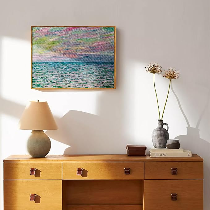 crmotu Framed Canvas Wall Art, Ocean Sunset Vintage Landscape Painting, Sea Dusk Aesthetic Art Prints, Abstract Nature Pictures Wall Decor Living Room Bathroom Bedroom Farmhouse Office Artwork 20x30in