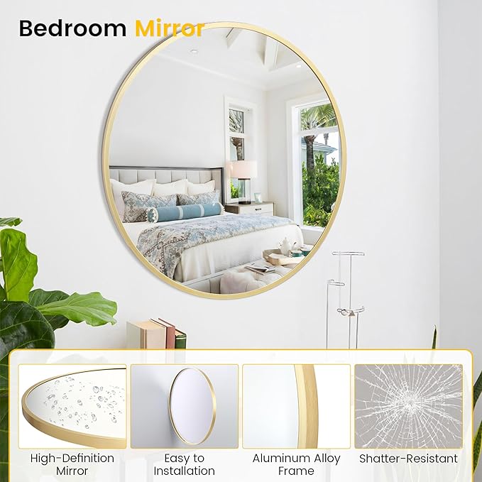 GarveeHome Large Round Mirror for Wall, 36 in Large Aluminum Alloy Circle Frame, High Definition Eco-Friendly Gold Round Bathroom Mirror for Over Sink, Wall Mirror for Entryway, Bathroom
