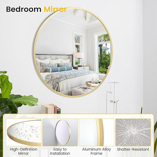 GarveeHome Large Round Mirror for Wall, 36 in Large Aluminum Alloy Circle Frame, High Definition Eco-Friendly Gold Round Bathroom Mirror for Over Sink, Wall Mirror for Entryway, Bathroom