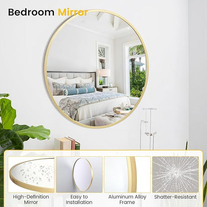 GarveeHome Gold Round Mirror for Wall 32 in, Aluminum Alloy Frame Round Mirror, High Definition Eco-Friendly Gold Circle Bathroom Mirror for Over Sink, Wall Mirror for Entryway, Bathroom, Vanity