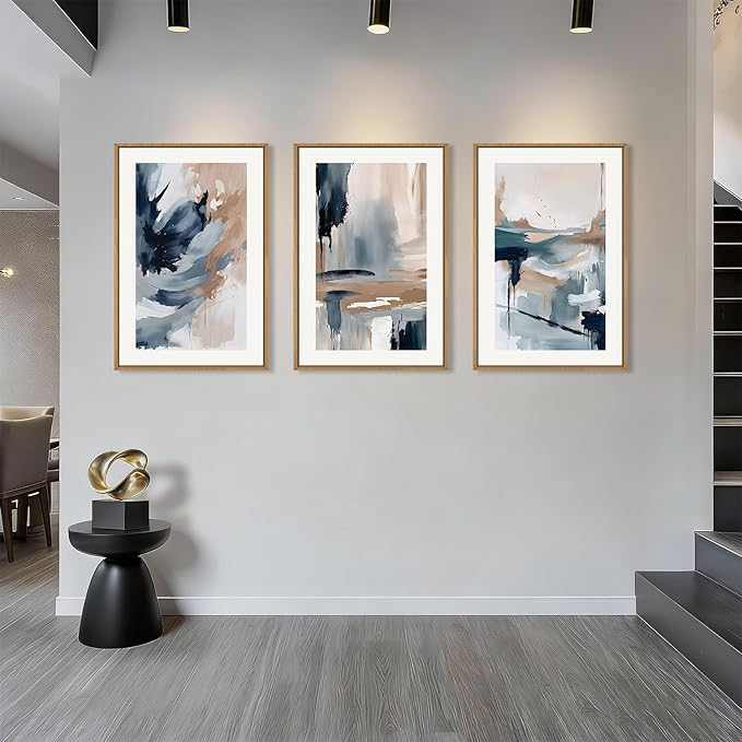 Aryroi Abstract Navy Blue Framed Canvas Wall Art Set,Neutral Brush Stroke Wall Decor,Watercolor Pastel Brown Artwork,Modern Minimalist Color Block Art Print For Living Room,Bedroom,Office-16 x24 x3