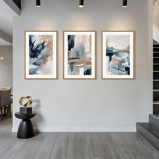 Aryroi Abstract Navy Blue Framed Canvas Wall Art Set,Neutral Brush Stroke Wall Decor,Watercolor Pastel Brown Artwork,Modern Minimalist Color Block Art Print For Living Room,Bedroom,Office-16 x24 x3