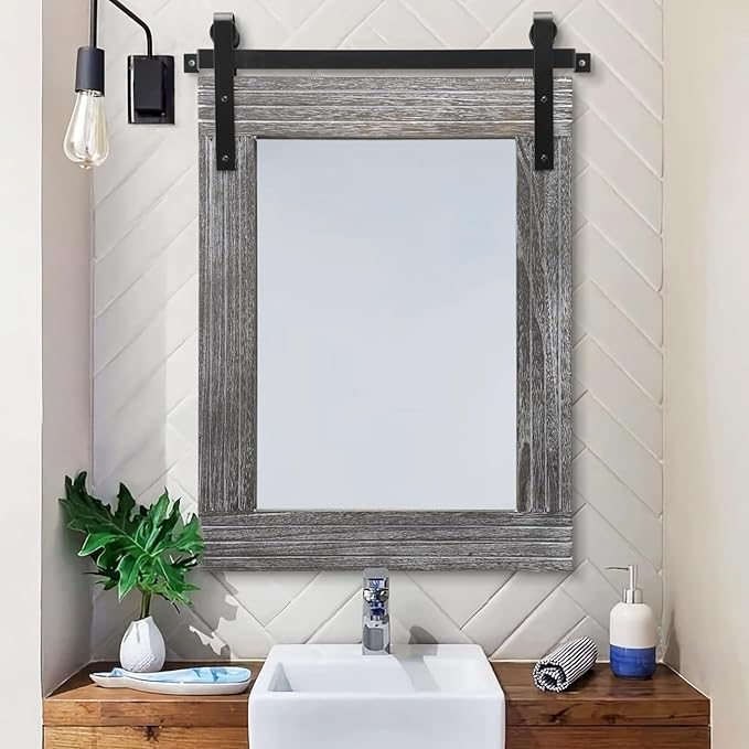 AAZZKANG Wall Mirror Large Rectangle Barn Door Mirrors with Wooden Framed Rustic for Bedroom Bathroom Living Room 26"x18"