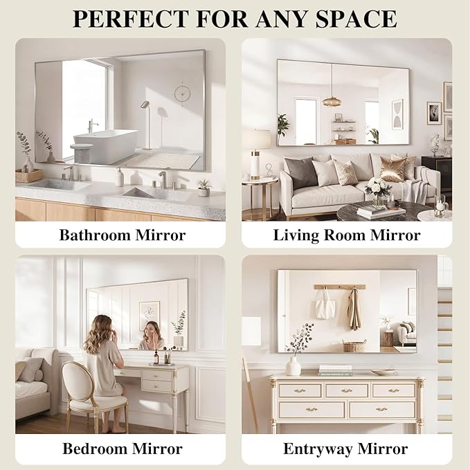 Koonmi Silver Rectangle Wall Mirror, 30x48 Inch Bathroom Mirror, Aluminum Frame Vanity Mirror for Entryway, Living Room, Bedroom Bathroom, Hangs Horizontally or Vertically
