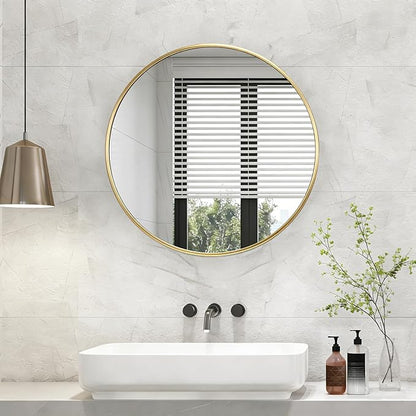 NEWBULIG 30 Inch Round Wall Mirror, Bathroom Mirror for Over Sink, Matte Metal Framed Circle Vanity Mirror, Wall Decor for Bedroom, Entryway, Anti-Rust, Tempered Glass, Hanging or Leaning, Gold