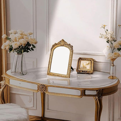 TenFuju 11” x 9.5” Small Gold Vintage Wall Mirror, Antique Gold Resin Baroque, Decorative Hanging & Tabletop