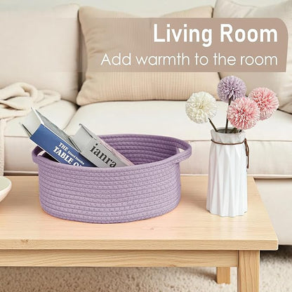 JMvicyroam Woven Basket,Small Rope Storage Bin with Handles & Ribbon Bag, Organizer for Shelves Closets,Gift Basket Empty for Birthday,Books,Dog Toys, Purple/2 Pack