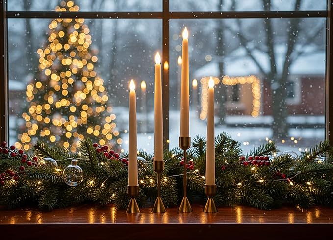 Rhytsing Ivory 10.8" Flameless Taper Candles with Timer, Battery Operated Dinner Long Candles with Remote, Smooth Wax Finish, Warm White LED, 8 Batteries Included - Set of 4
