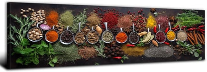 Large Colorful Kitchen Wall Art Spices Herb Food Picture for Dining Room Wall Decor Seasoning Herb Spoon Canvas Prints Poster Vintage Modern Family Bar Painting Artwork Home Decorations 14x48”